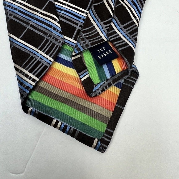 Ted Baker London Brown Blue 100% Silk Neck Tie Plaid - Picture 6 of 6